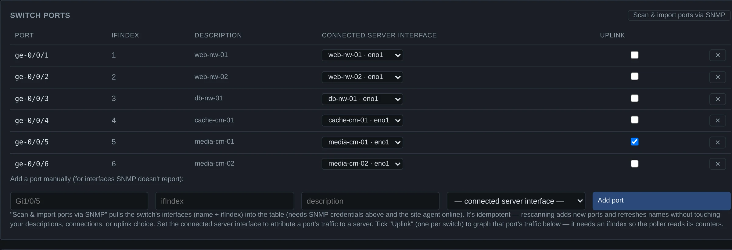 Switch port table listing ports, ifIndex, description and the connected server interface